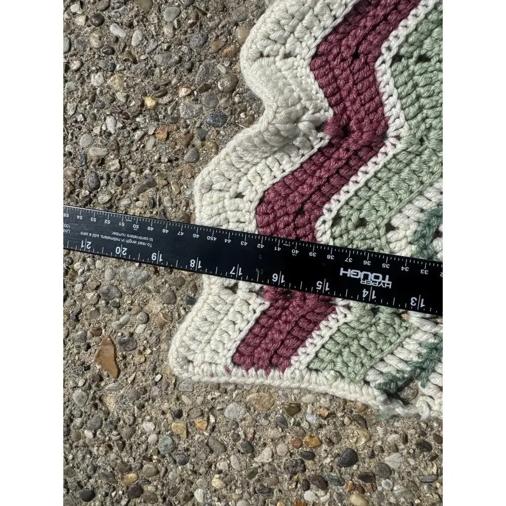 Handmade Crochet Chevron Afghan Blanket Green Burgundy Cream 73x90 Large